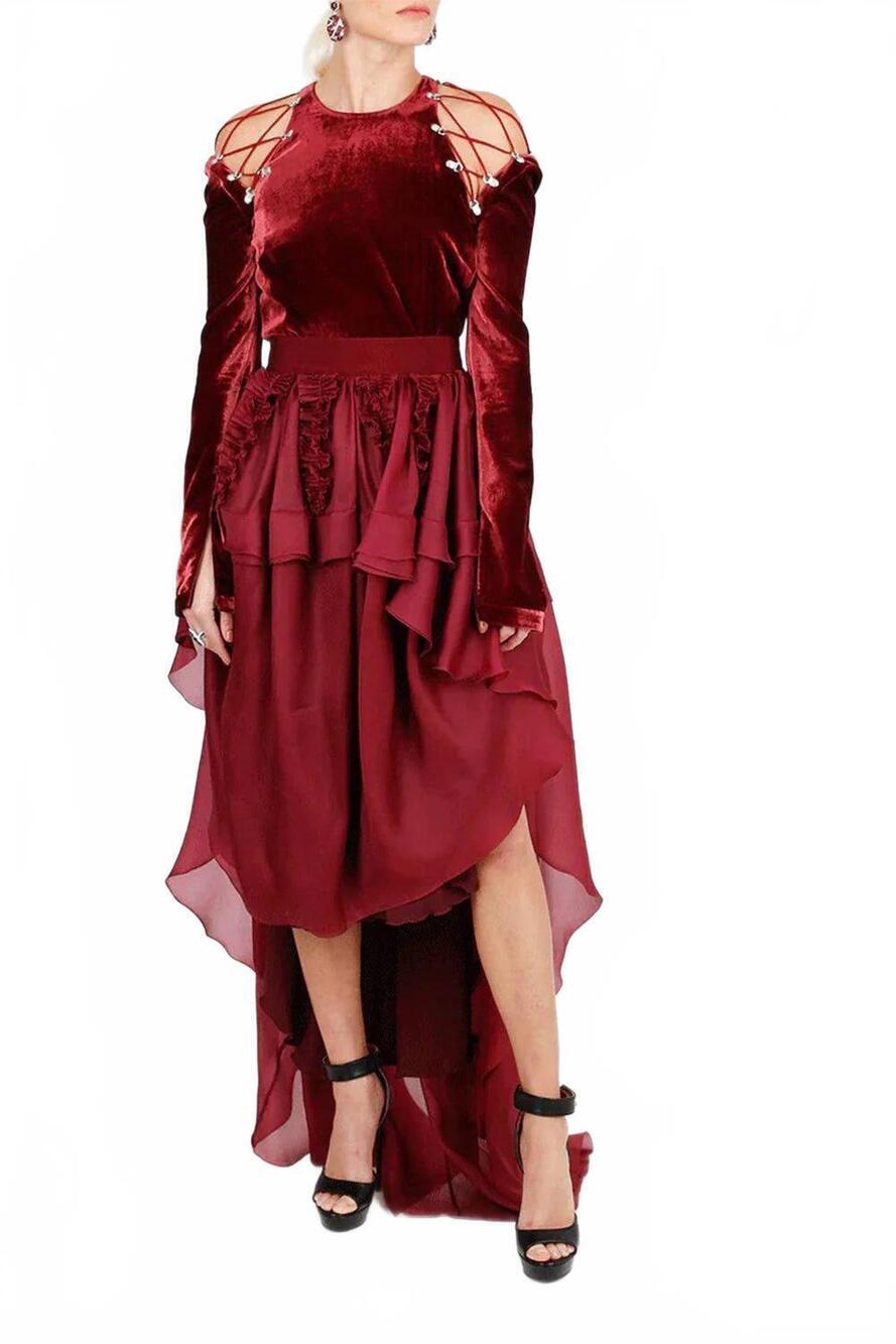 NEW ANTONIO BERARDI hi-low ruffle front silk skirt in bordeaux